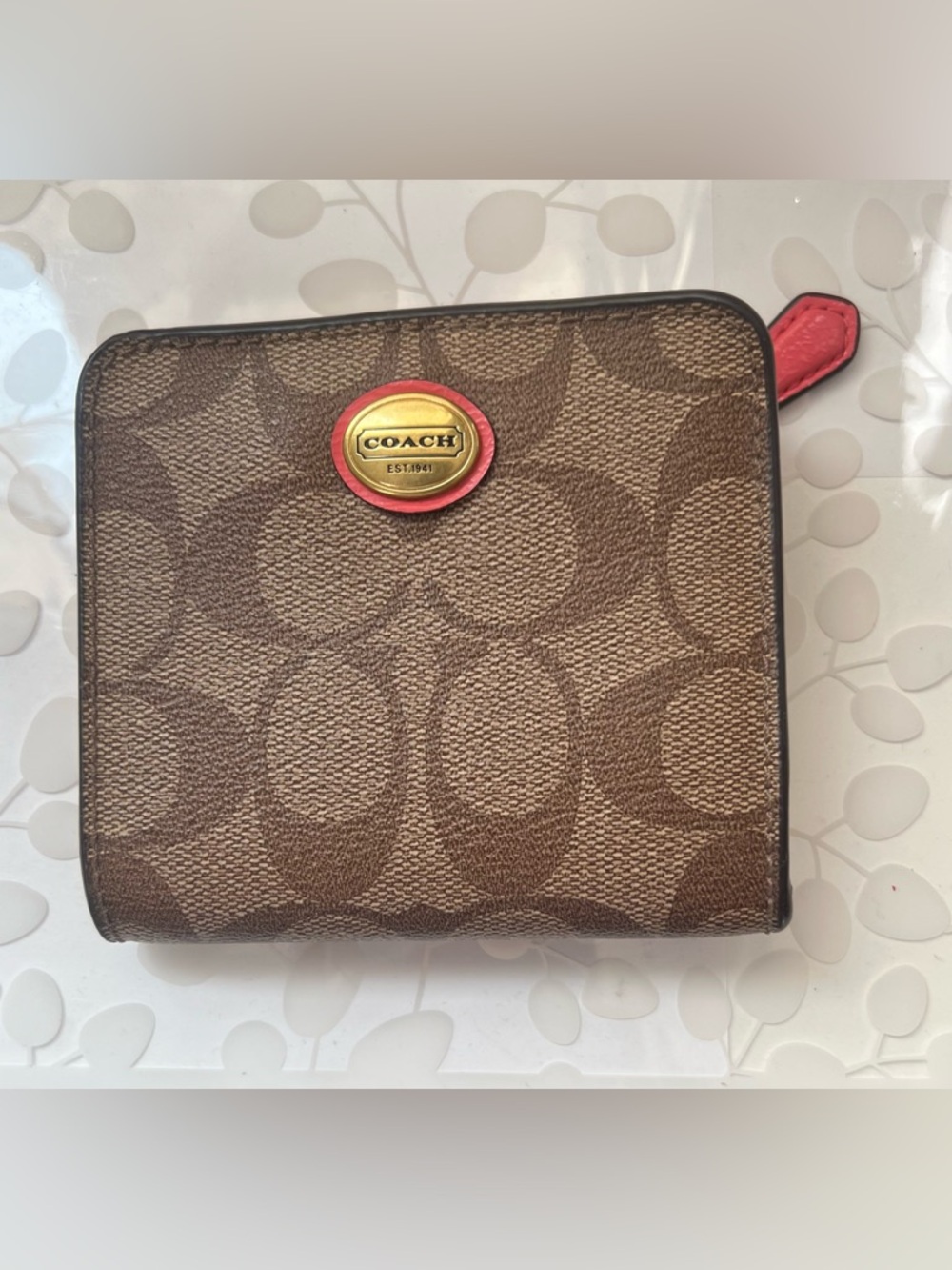 Coach Brown Signature  Wallet with Orange Trim and Gold Plaque